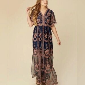 Altar'd State Elegant Navy and Pink Embroidered Maxi Dress